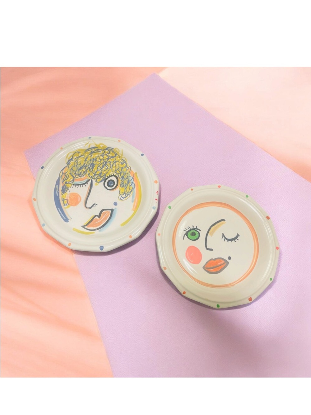 Hand-Painted Ceramic Face Plates — Colorful Abstract Duo